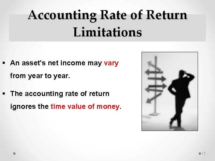 Accounting Rate of Return Limitations § An asset's net income may vary from year