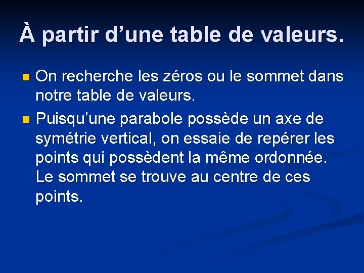À partir d’une table de valeurs. On recherche les zéros ou le sommet dans