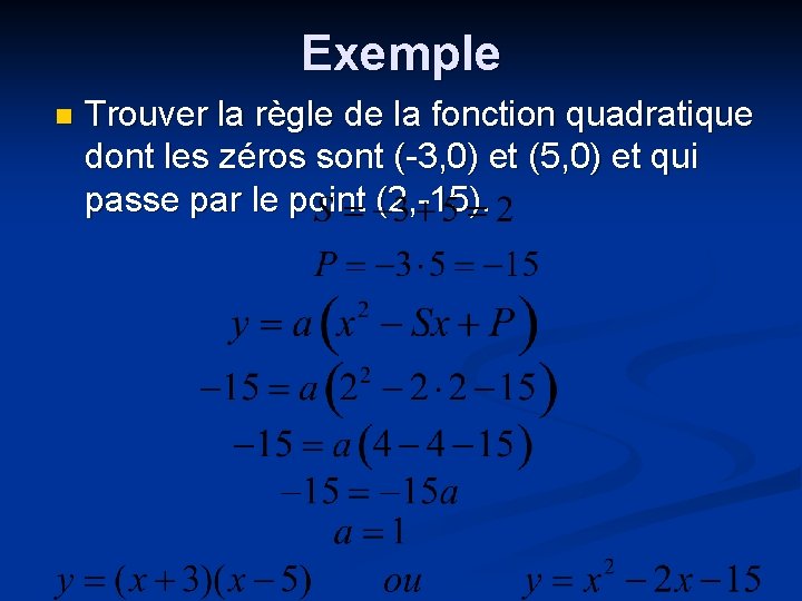Exemple n Trouver la règle de la fonction quadratique dont les zéros sont (-3,