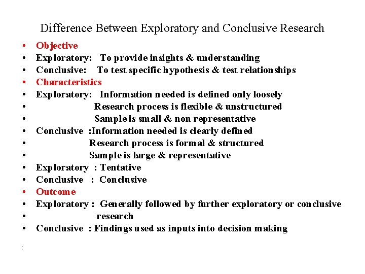 Difference Between Exploratory and Conclusive Research • • • • • Objective Exploratory: To