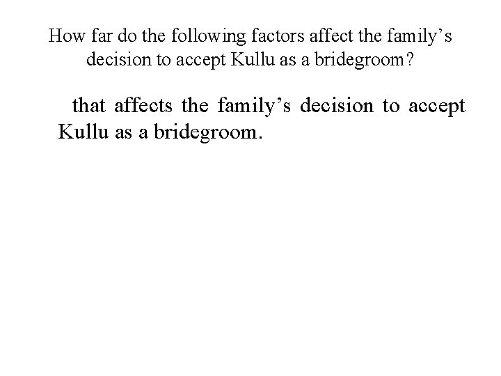 How far do the following factors affect the family’s decision to accept Kullu as