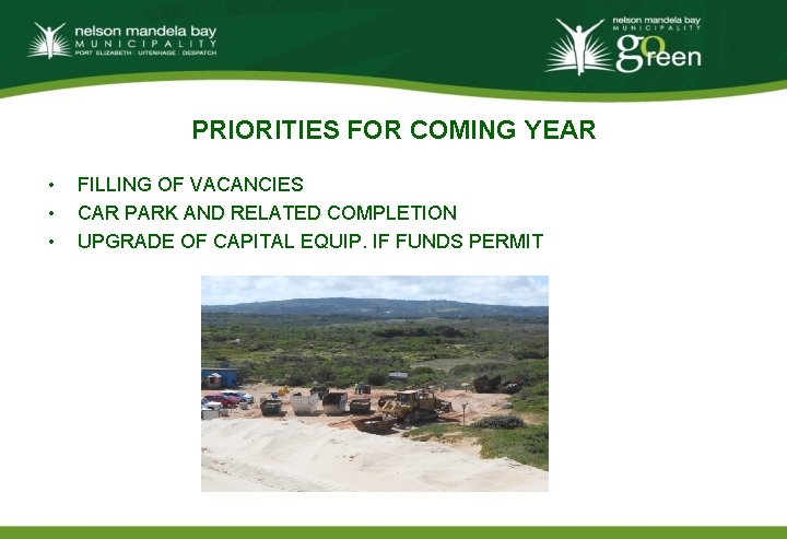 PRIORITIES FOR COMING YEAR • • • FILLING OF VACANCIES CAR PARK AND RELATED