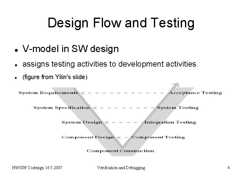 Design Flow and Testing V-model in SW design assigns testing activities to development activities