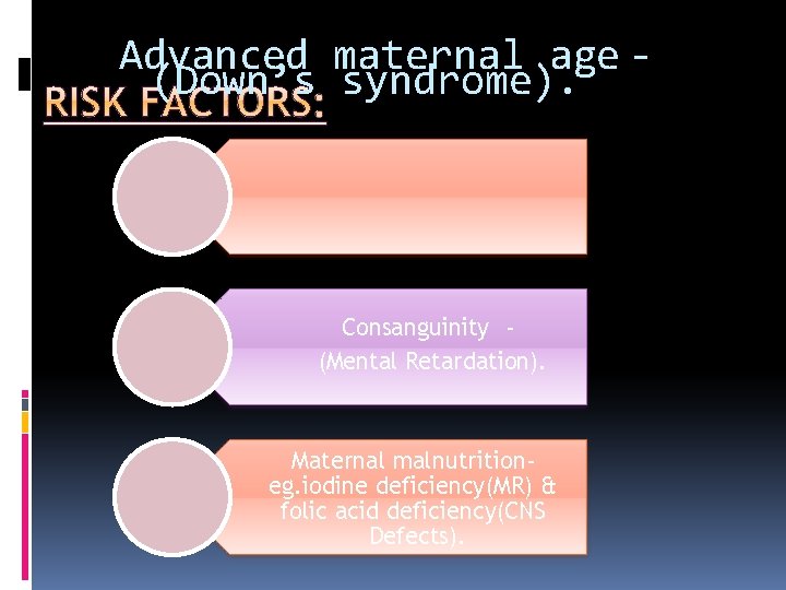 Advanced maternal age (Down’s syndrome). Consanguinity (Mental Retardation). Maternal malnutritioneg. iodine deficiency(MR) & folic