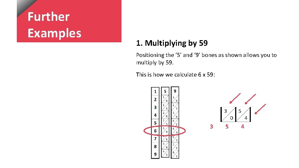 Further Examples 1. Multiplying by 59 Positioning the ‘ 5’ and ‘ 9’ bones