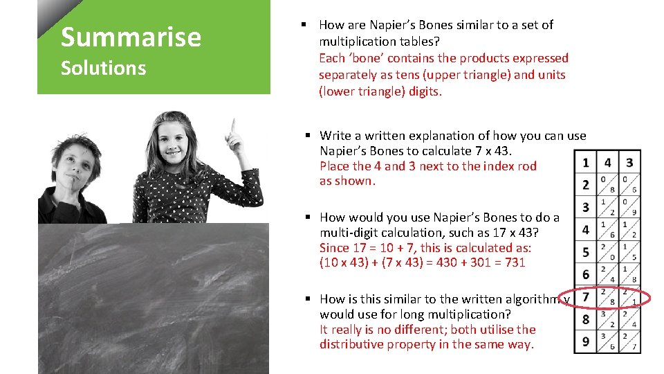 Summarise Solutions § How are Napier’s Bones similar to a set of multiplication tables?