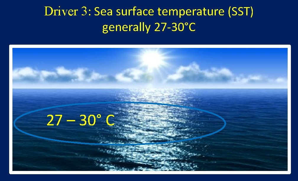 Driver 3: Sea surface temperature (SST) generally 27 -30°C 27 – 30° C 