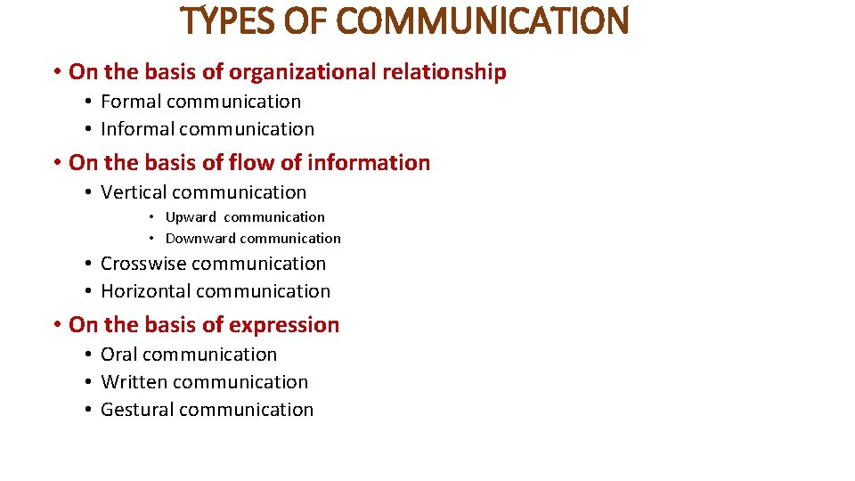 TYPES OF COMMUNICATION • On the basis of organizational relationship • Formal communication •
