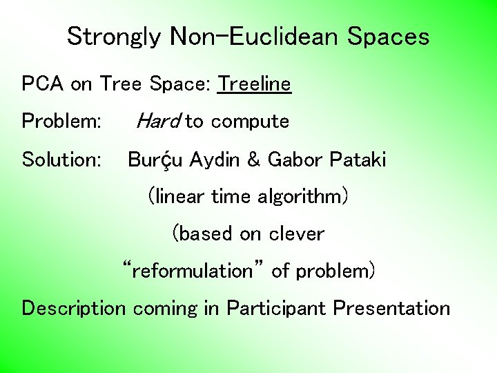 Strongly Non-Euclidean Spaces PCA on Tree Space: Treeline Problem: Solution: Hard to compute Burḉu