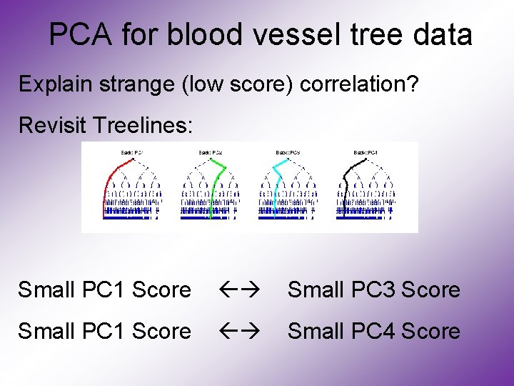 PCA for blood vessel tree data Explain strange (low score) correlation? Revisit Treelines: Small