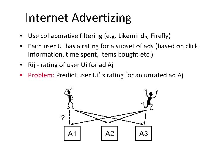 Internet Advertizing • Use collaborative filtering (e. g. Likeminds, Firefly) • Each user Ui