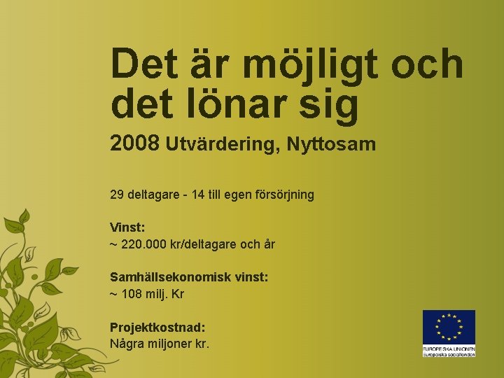 Det är möjligt och det lönar sig 2008 Utvärdering, Nyttosam 29 deltagare - 14