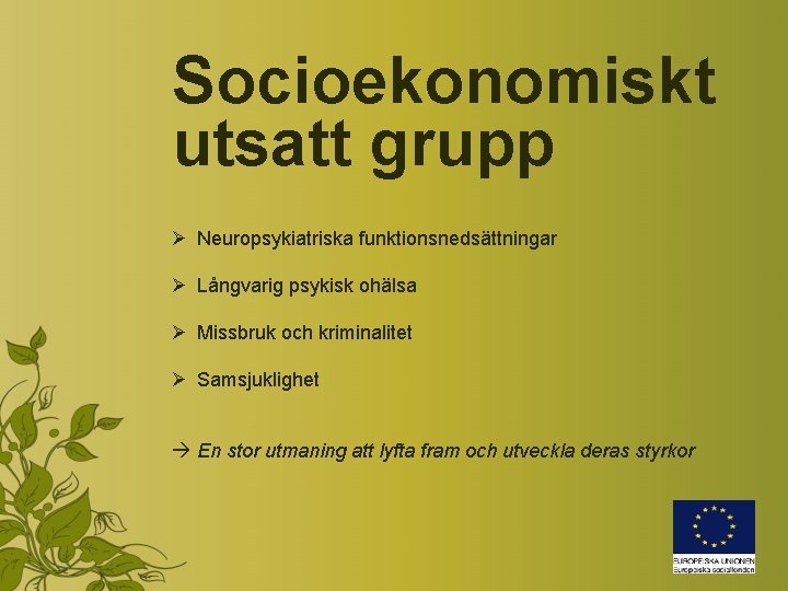 Socioekonomiskt utsatt grupp Ø Neuropsykiatriska funktionsnedsättningar Ø Långvarig psykisk ohälsa Ø Missbruk och kriminalitet