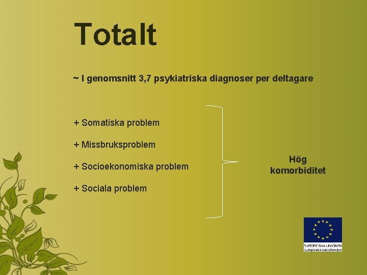 Totalt ~ I genomsnitt 3, 7 psykiatriska diagnoser per deltagare + Somatiska problem +