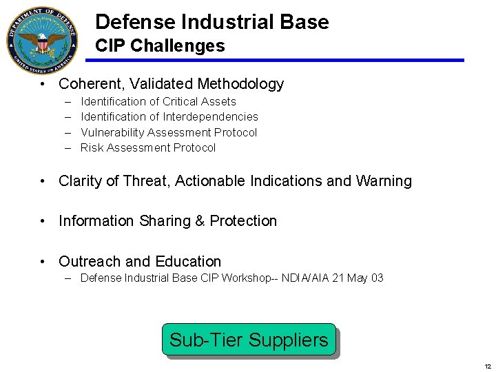 Defense Industrial Base CIP Challenges • Coherent, Validated Methodology – – Identification of Critical