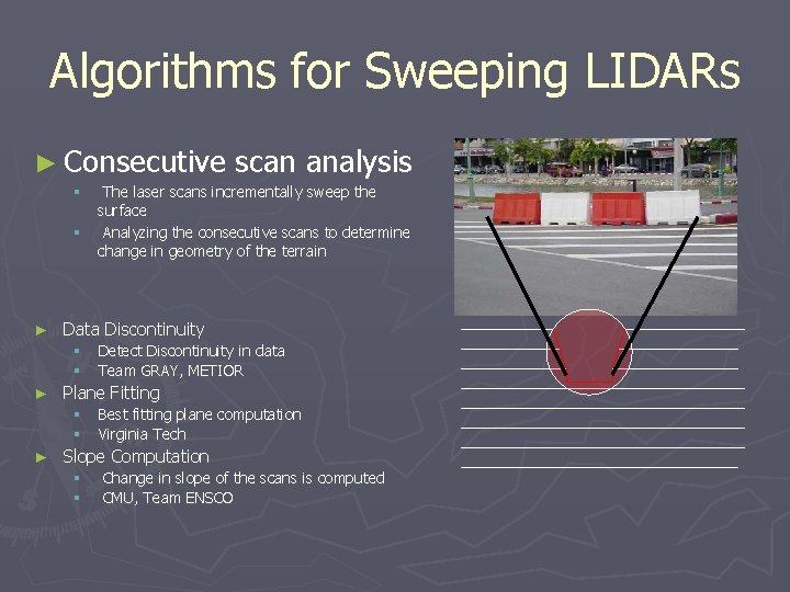 Algorithms for Sweeping LIDARs ► Consecutive § § ► Detect Discontinuity in data Team