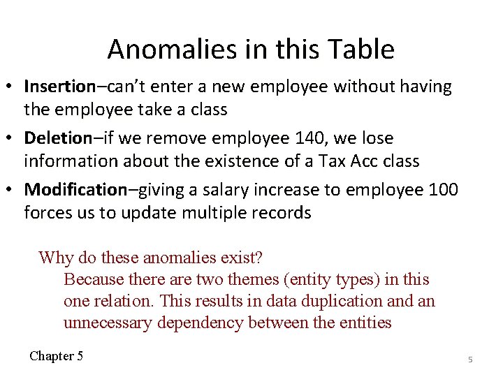 Anomalies in this Table • Insertion–can’t enter a new employee without having the employee