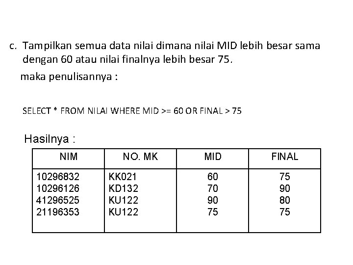 c. Tampilkan semua data nilai dimana nilai MID lebih besar sama dengan 60 atau