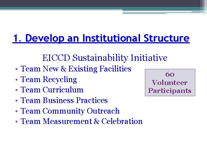 1. Develop an Institutional Structure EICCD Sustainability Initiative • • • Team New &