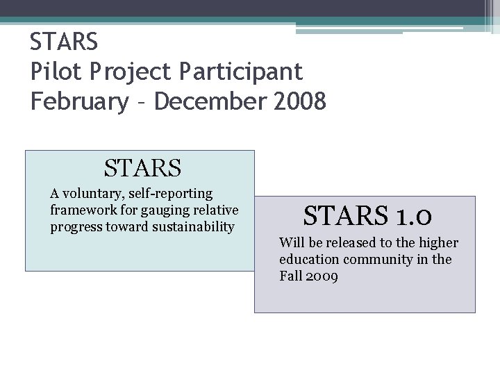 STARS Pilot Project Participant February – December 2008 STARS A voluntary, self-reporting framework for