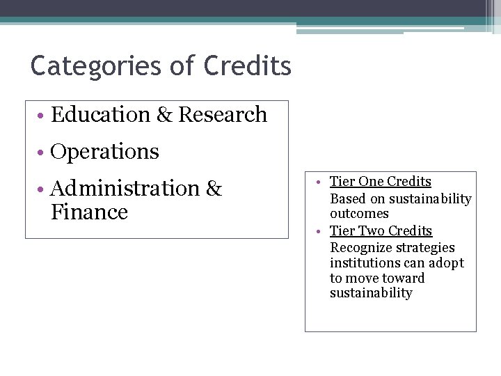Categories of Credits • Education & Research • Operations • Administration & Finance •