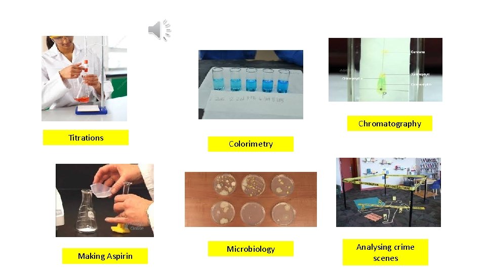 Chromatography Titrations Making Aspirin Colorimetry Microbiology Analysing crime scenes Chromatography Titrations Making Aspirin Colorimetry Microbiology Analysing crime scenes