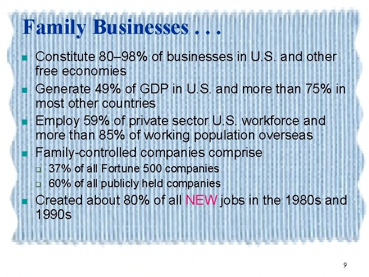 Family Businesses. . . n n Constitute 80– 98% of businesses in U. S.