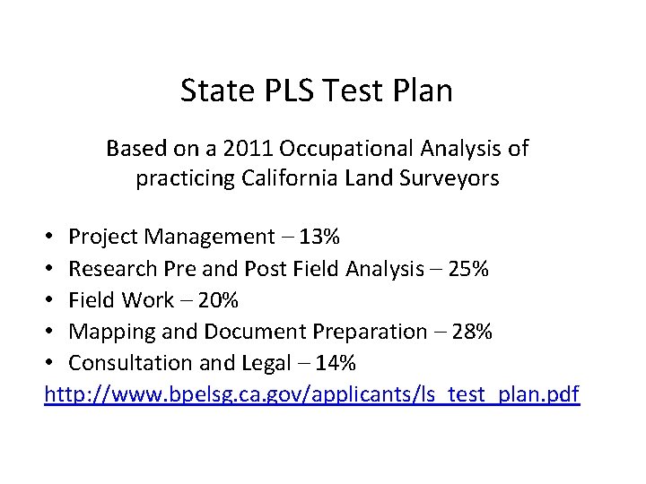 State PLS Test Plan Based on a 2011 Occupational Analysis of practicing California Land