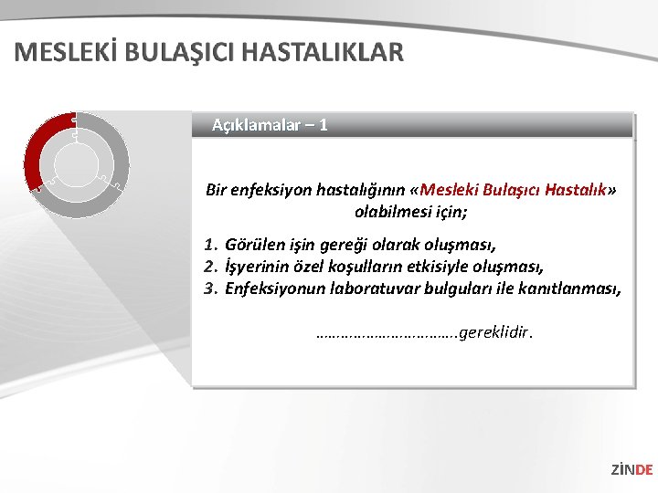 Açıklamalar – 1 Bir enfeksiyon hastalığının «Mesleki Bulaşıcı Hastalık» olabilmesi için; 1. Görülen işin