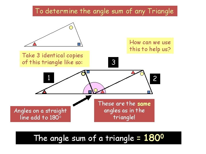 To determine the angle sum of any Triangle Take 3 identical copies of this To determine the angle sum of any Triangle Take 3 identical copies of this