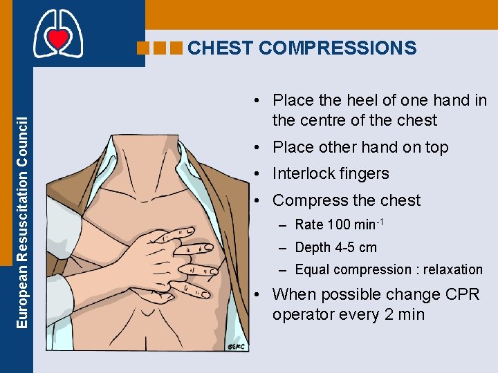 European Resuscitation Council CHEST COMPRESSIONS • Place the heel of one hand in the