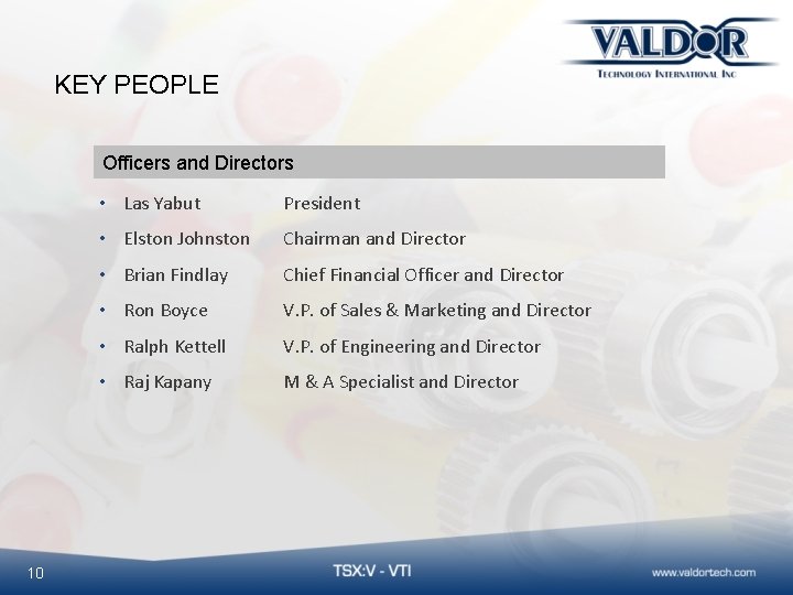 KEY PEOPLE Officers and Directors 10 • Las Yabut President • Elston Johnston Chairman