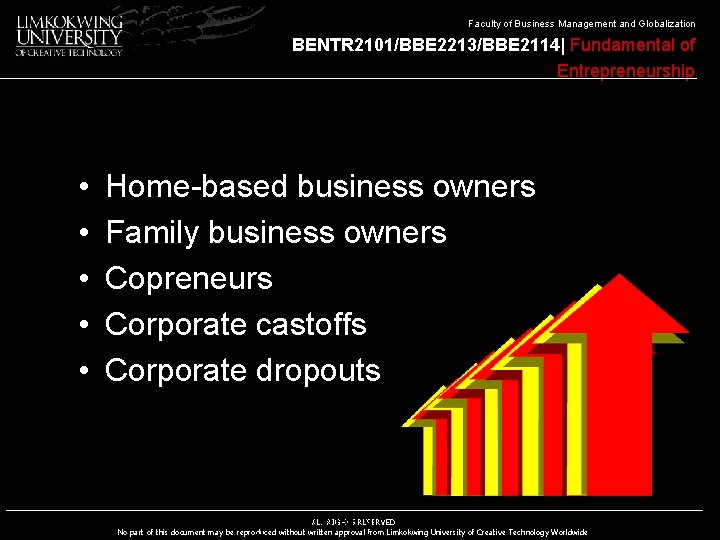 Faculty of Business Management and Globalization BENTR 2101/BBE 2213/BBE 2114| Fundamental of Entrepreneurship •