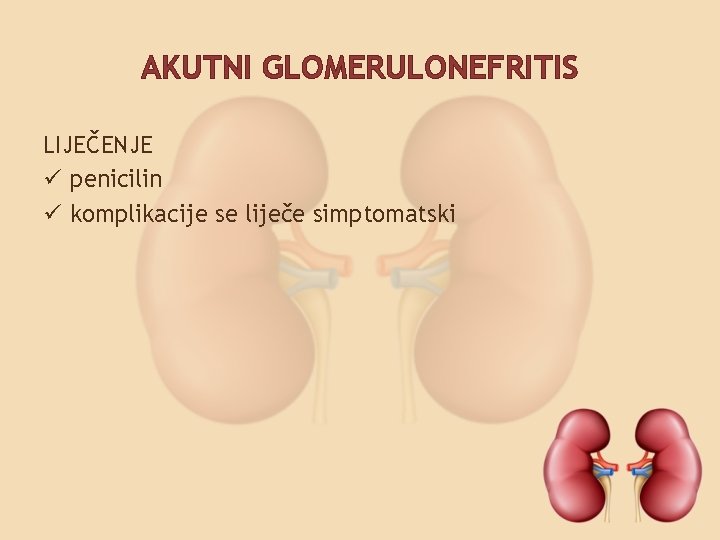 AKUTNI GLOMERULONEFRITIS LIJEČENJE ü penicilin ü komplikacije se liječe simptomatski 