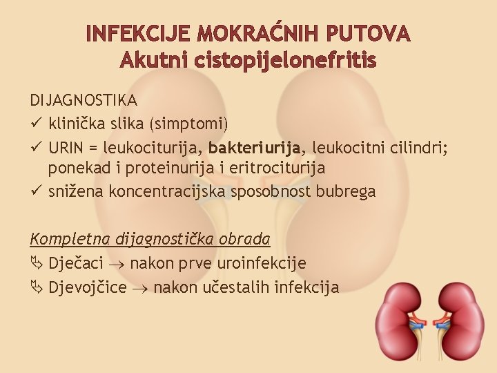 INFEKCIJE MOKRAĆNIH PUTOVA Akutni cistopijelonefritis DIJAGNOSTIKA ü klinička slika (simptomi) ü URIN = leukociturija,