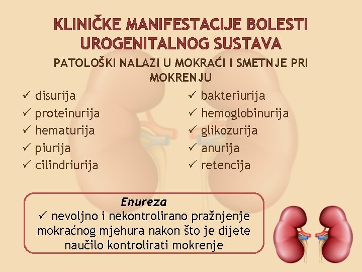 KLINIČKE MANIFESTACIJE BOLESTI UROGENITALNOG SUSTAVA PATOLOŠKI NALAZI U MOKRAĆI I SMETNJE PRI MOKRENJU ü