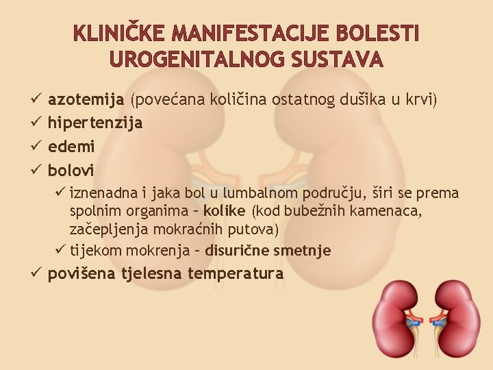 KLINIČKE MANIFESTACIJE BOLESTI UROGENITALNOG SUSTAVA ü ü azotemija (povećana količina ostatnog dušika u krvi)