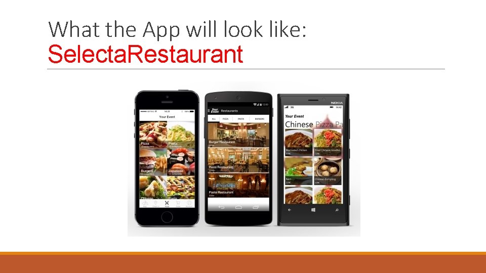 What the App will look like: Selecta. Restaurant 