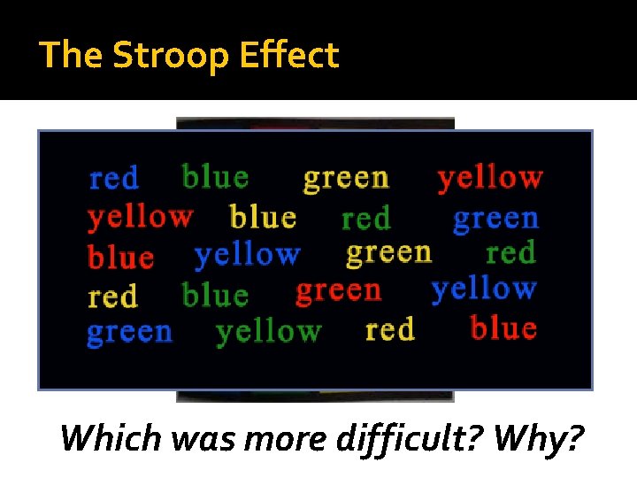 The Stroop Effect Which was more difficult? Why? 