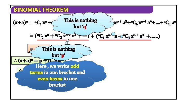 BINOMIAL THEOREM This n. C xn-2 a 2 +n. C xn-3 a 3+n. C