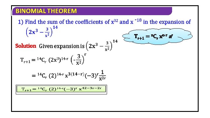 BINOMIAL THEOREM Tr+1 = n. Cr xn-r ar Solution 