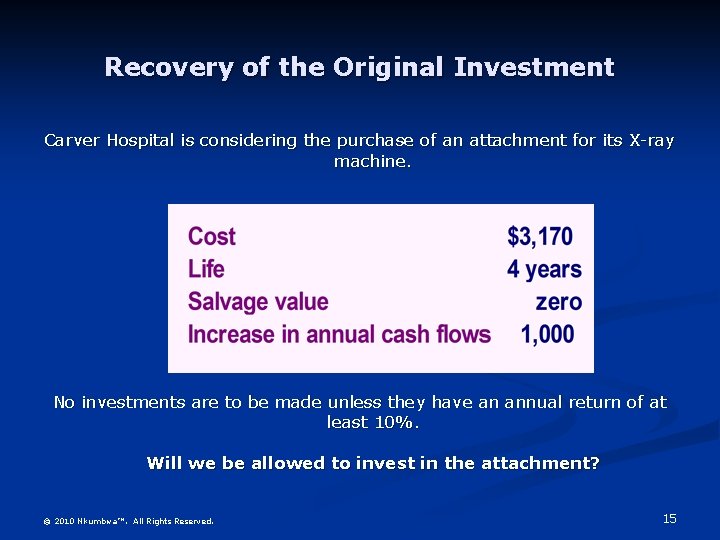 Recovery of the Original Investment Carver Hospital is considering the purchase of an attachment