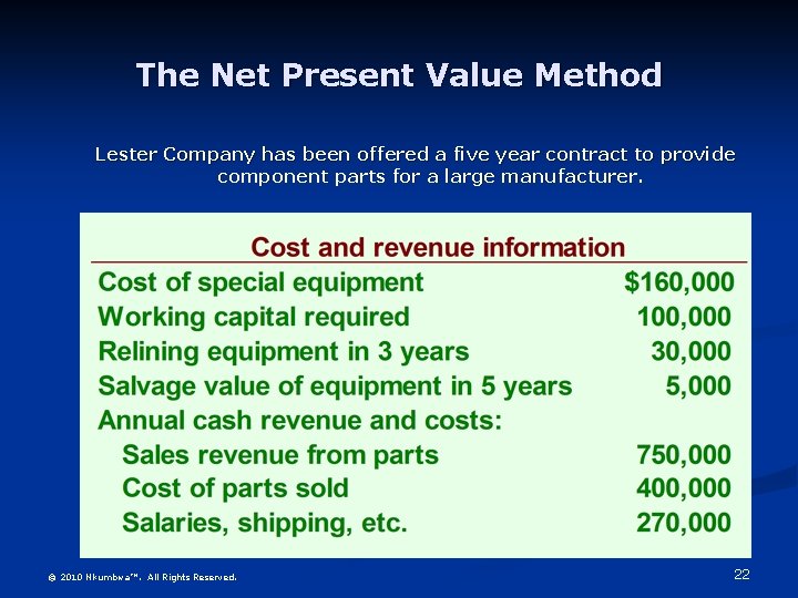 The Net Present Value Method Lester Company has been offered a five year contract