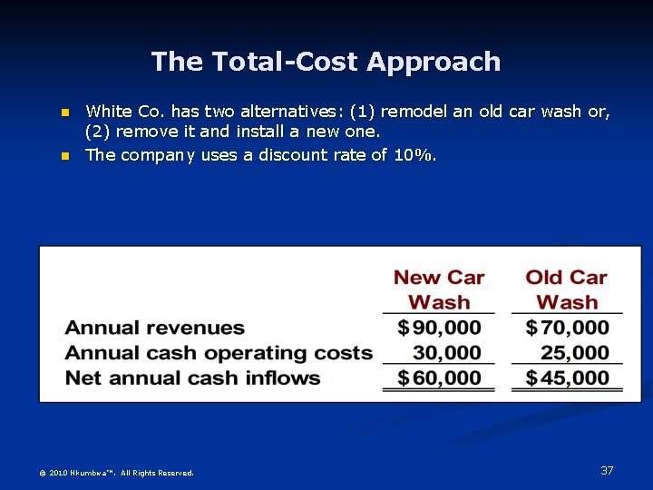 The Total-Cost Approach n n White Co. has two alternatives: (1) remodel an old