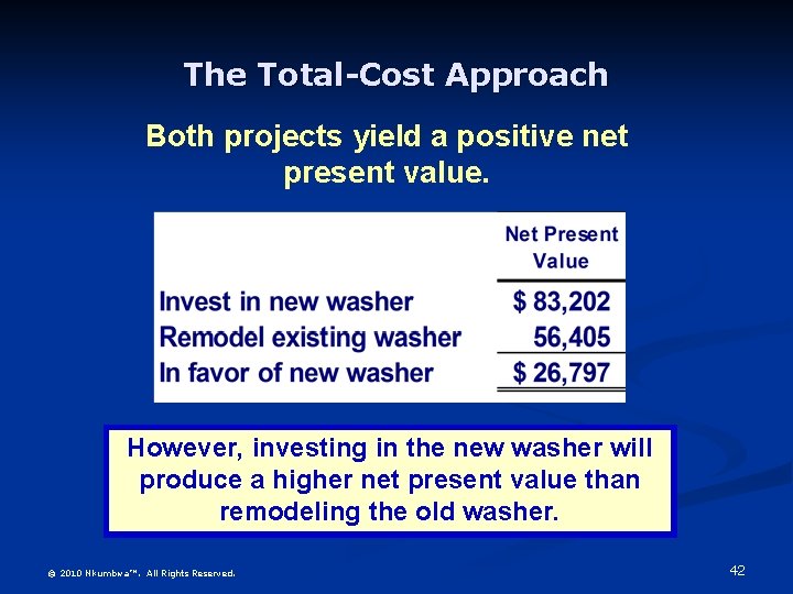 The Total-Cost Approach Both projects yield a positive net present value. However, investing in