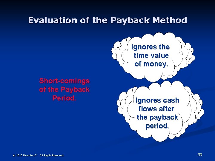 Evaluation of the Payback Method Ignores the time value of money. Short-comings of the