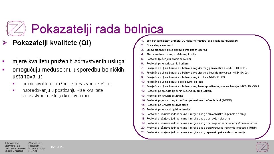 Pokazatelji rada bolnica Ø Pokazatelji kvalitete (QI) 1. Broj rehospitalizacija unutar 30 dana od