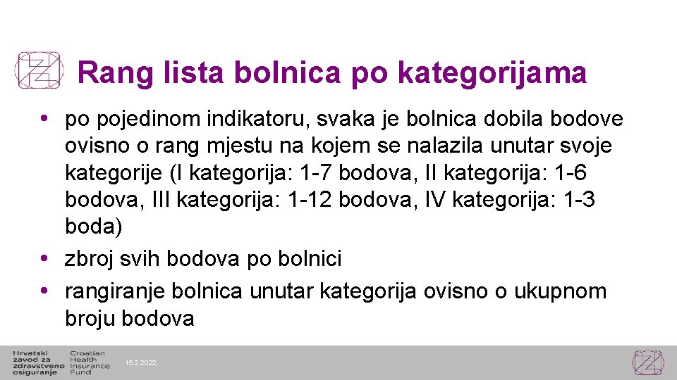 Rang lista bolnica po kategorijama po pojedinom indikatoru, svaka je bolnica dobila bodove ovisno