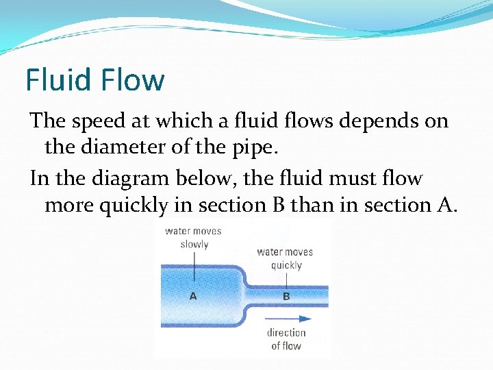 Fluid Flow The speed at which a fluid flows depends on the diameter of