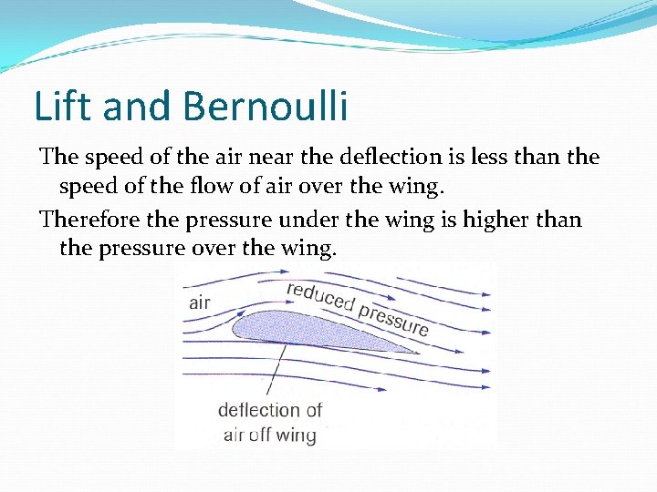 Lift and Bernoulli The speed of the air near the deflection is less than